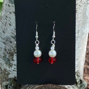 Womens drop red crystal pearl earrings